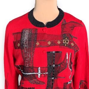 Vintage Michael Simon Bright Red Artsy Knit Cardigan Sweater Boots Motif XL